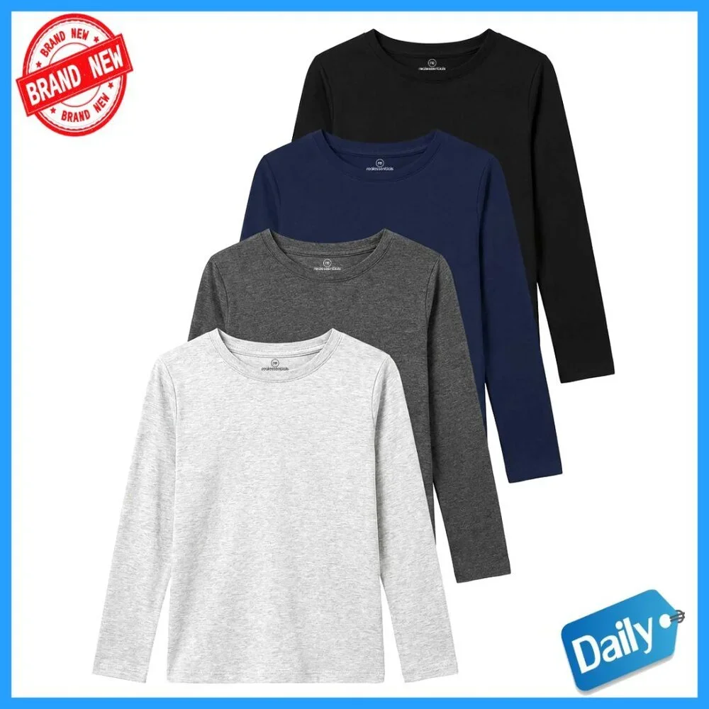 Girls Long Sleeve Cotton Tee 4-Pack Athletic Fit Youth Sizes 6-16